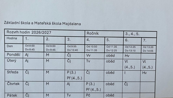 Rozvrh hodin pro 3.,4., a 5. třídu