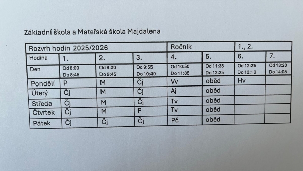Rozvrh hodin pro 1. a 2. třídu